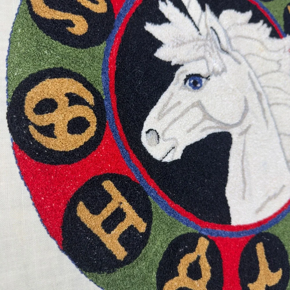 VTG 1981 Crewel Punch Needle Zodiac Unicorn Art OS Cream Astrology Celestial